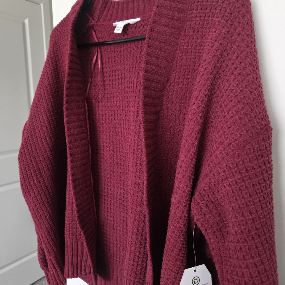 Waffle Knit Open Cardigan Sweater - Burgundy - Picture 2 of 4
